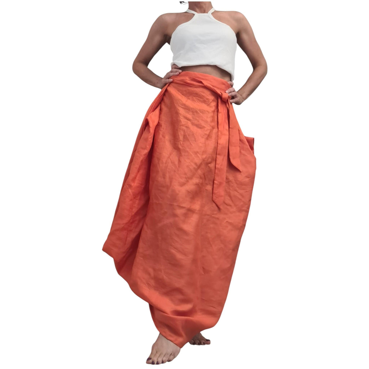 Orange Linen Boho Skirt, Asymmetrical Maxi Wrap Bottom, Oversized Loose Summer Clothing