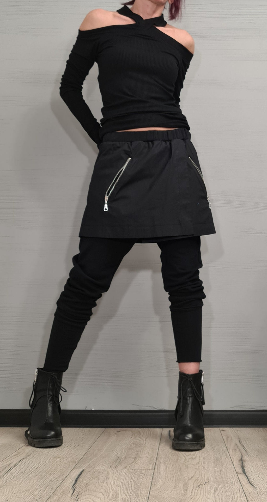 Black French Terry Pants, Attached Skirt Panel, Zip Pocket Detail
