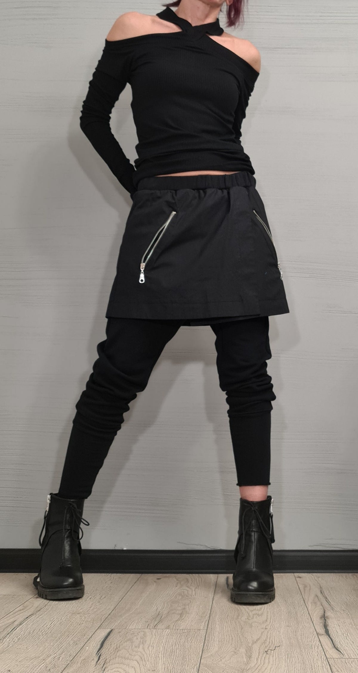 Black French Terry Pants, Attached Skirt Panel, Zip Pocket Detail