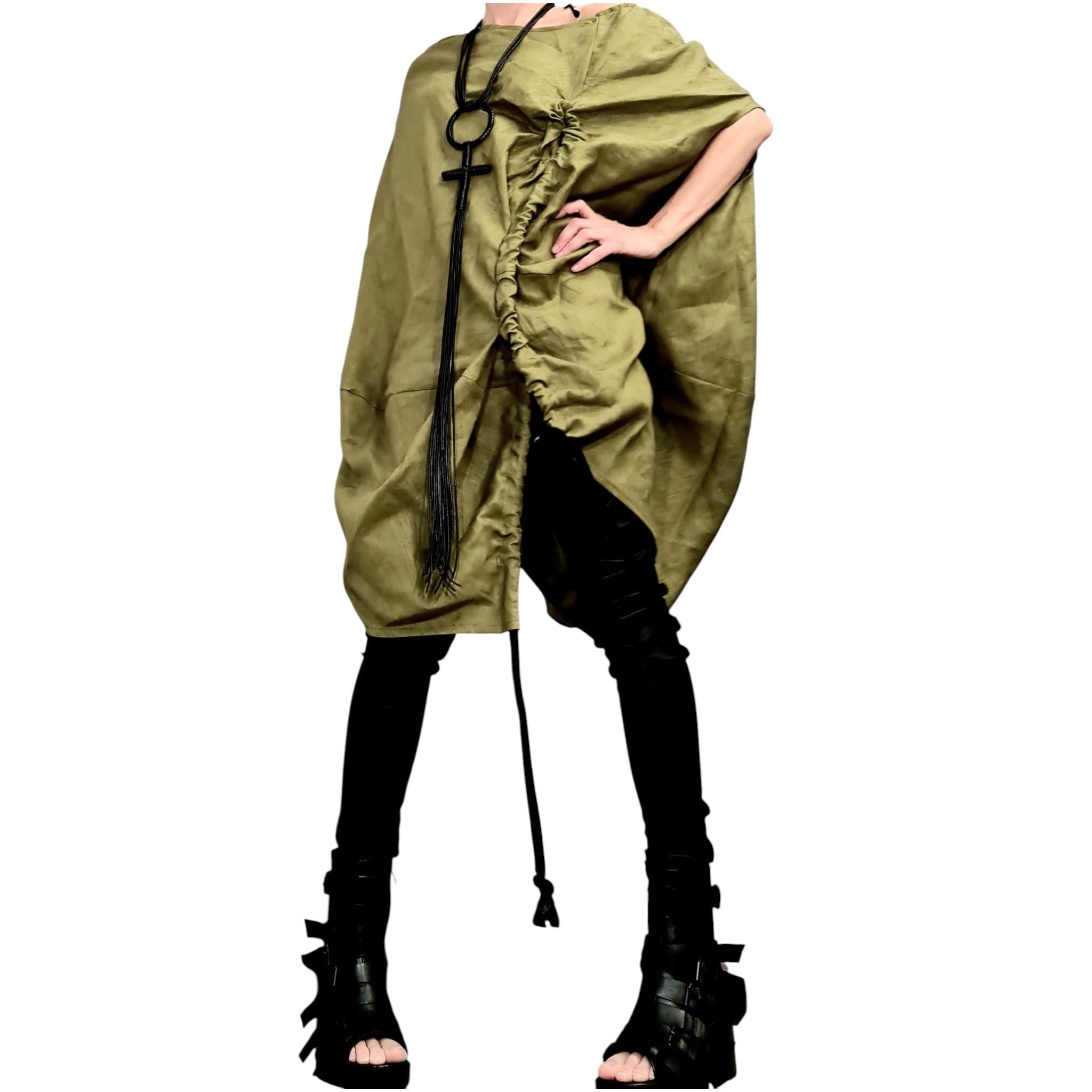 Military Green Linen Tunic, Asymmetric Oversize Top, Adjustable Ruched Kaftan, Plus Size Clothing
