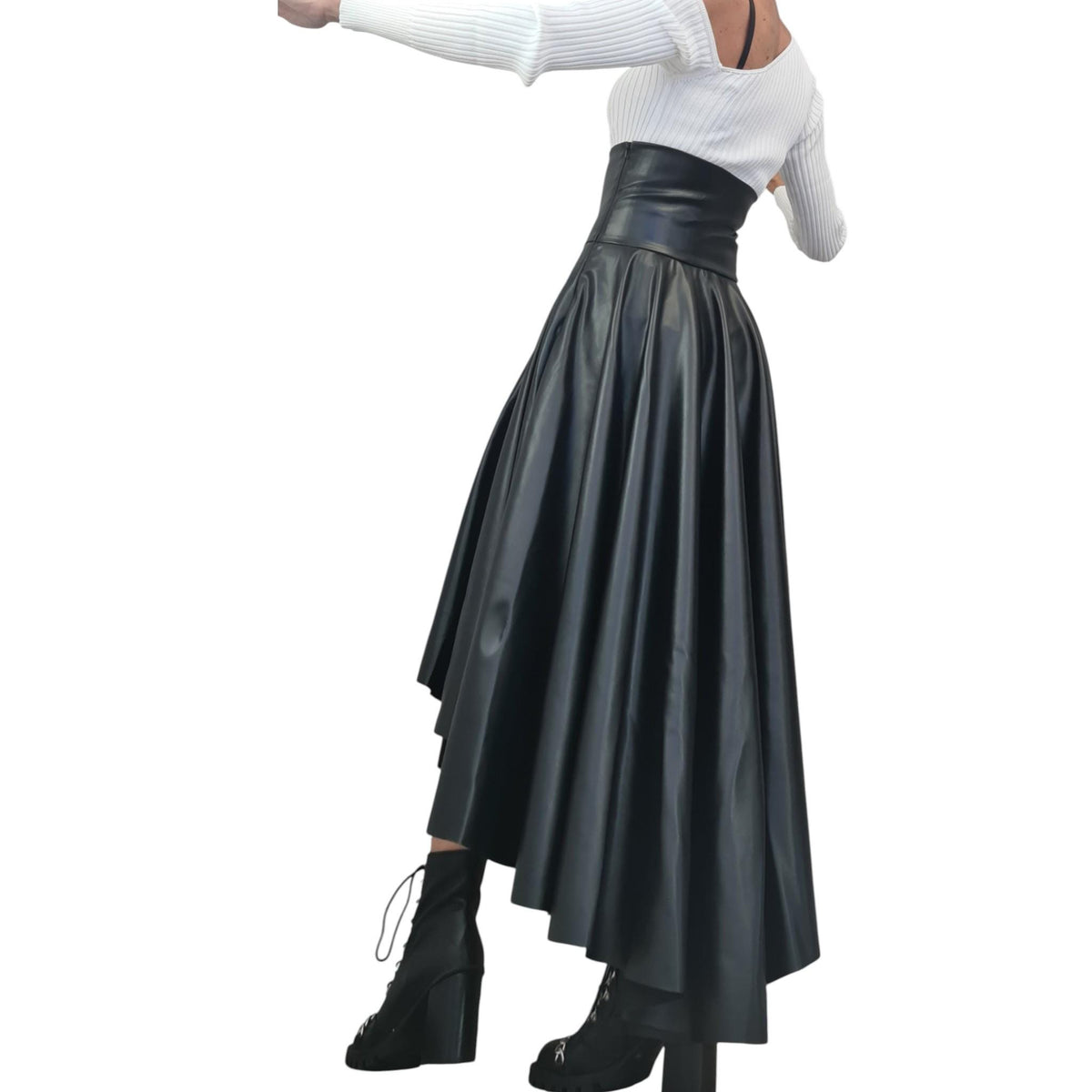 Eco Leather High Waist Asymmetric Skirt, Extravagant Black Gothic Skirt