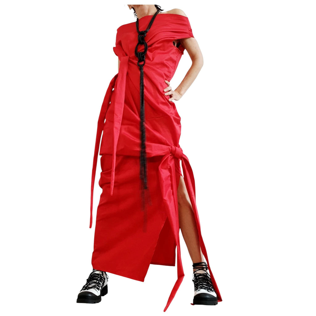 Red Asymmetric Long Dress, Plus Size Clothing, Sleeveless One Shoulder Cocktail Dress