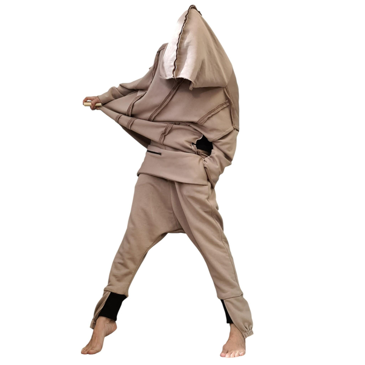 Grey Black Cotton Drop Crotch Harem Pants, Oversized Hooded Top, Plus SizeCo-Ord Set
