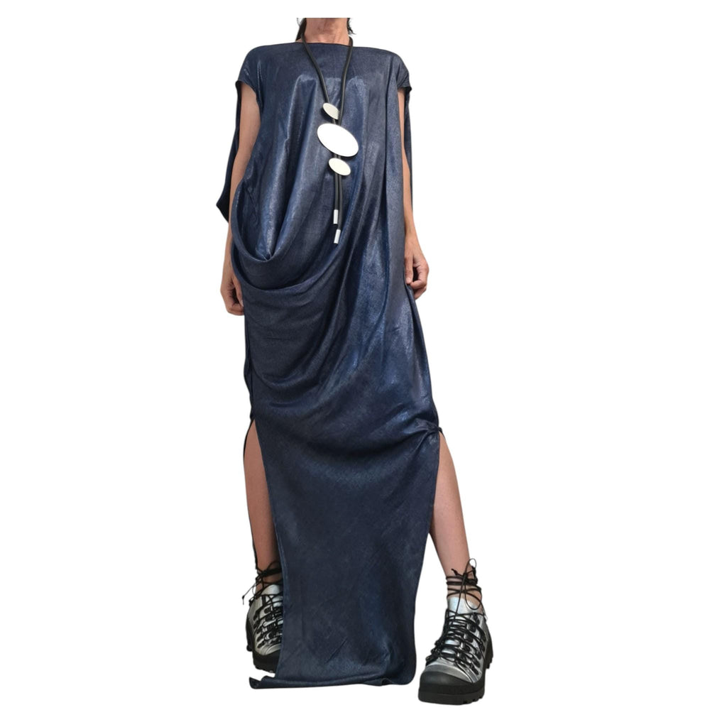 Shiny Denim Avant Garde Long Dress, One Shoulder Drape Style
