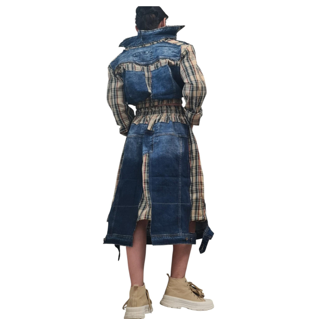 Cotton Denim Plaid Sweatshirt Skirt Set, Extravagant Women Costume
