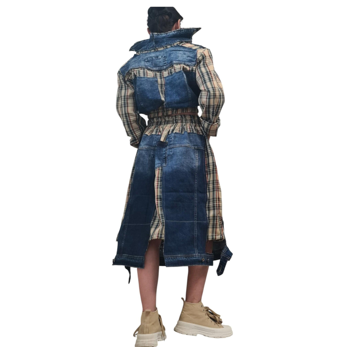 Cotton Denim Plaid Sweatshirt Skirt Set, Extravagant Women Costume