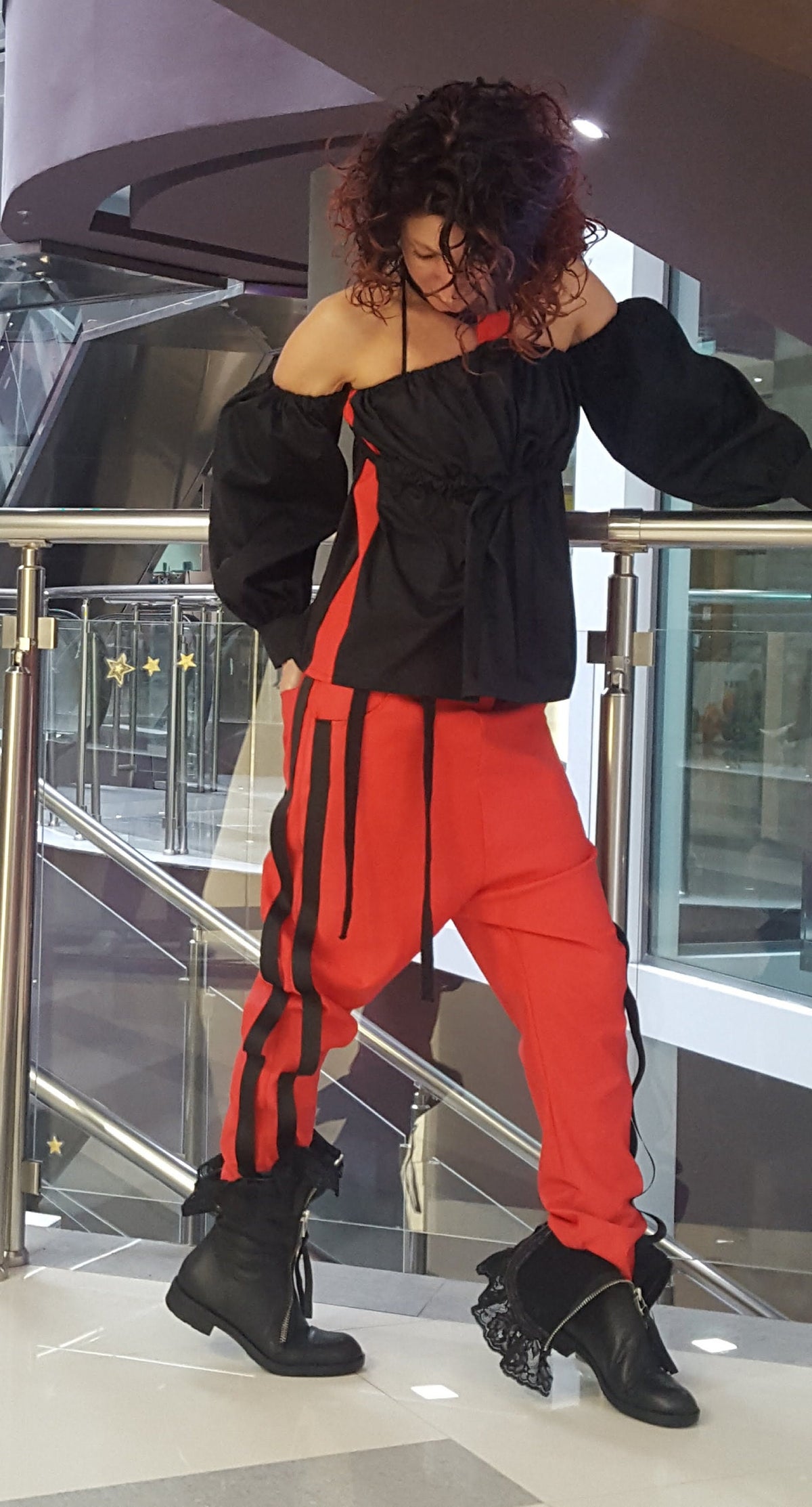 Red Cotton Co-Ord Set, Drop Crotch Pants, Black Cold Shoulder Batwing Blouse