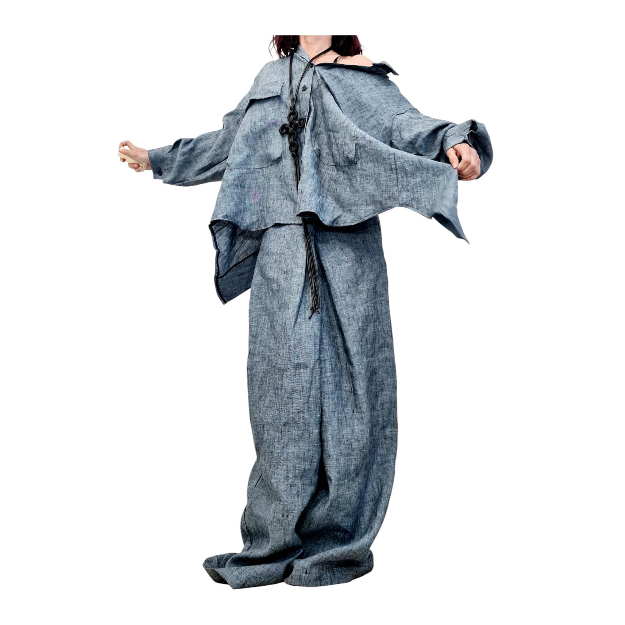 Denim Linen Shirt, Open Back Top, Asymmetric Off Shoulder Blouse, Avant Garde Style