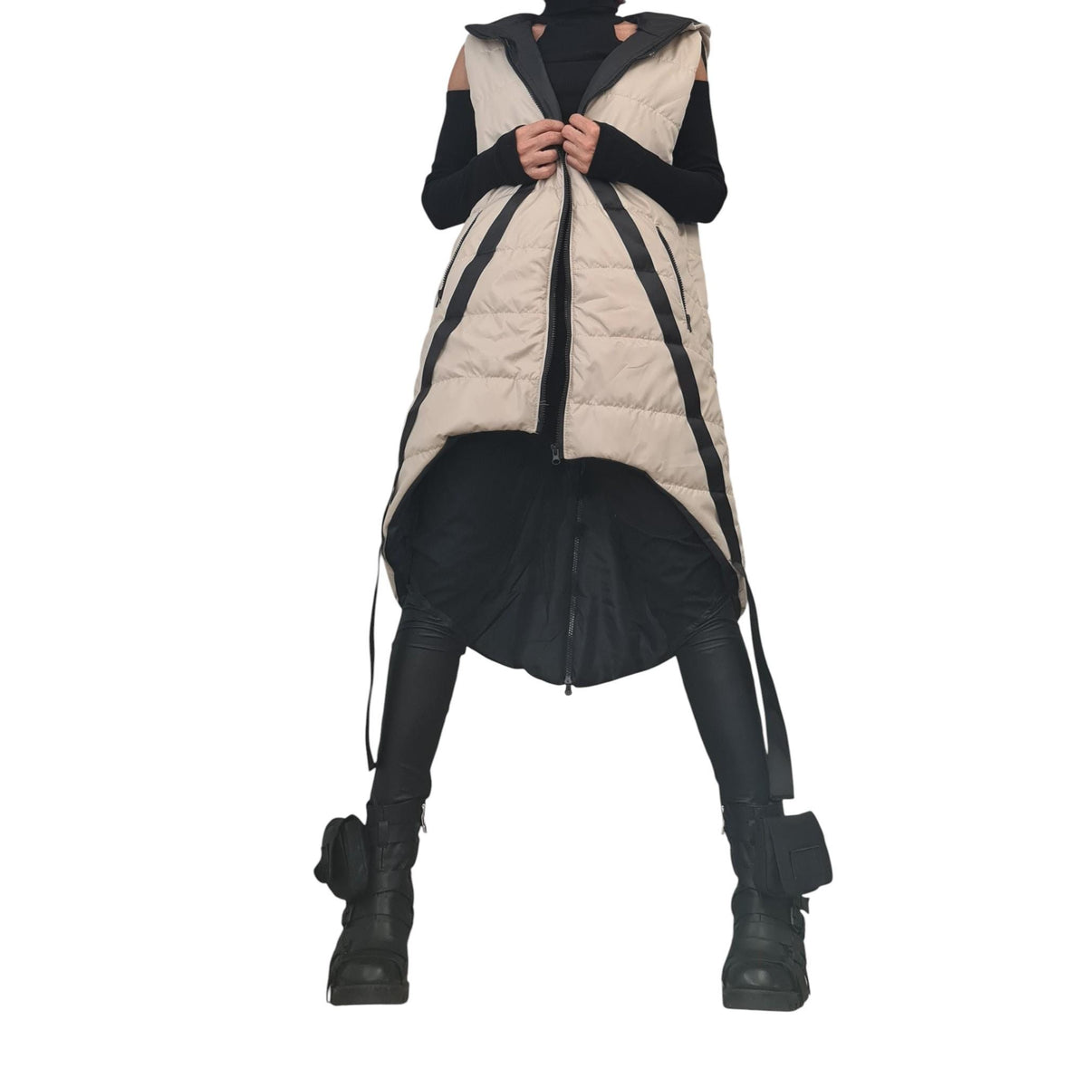 Black Oversized Hooded Puffer Vest, White Stripes and Back Zip, Plus Size Coat