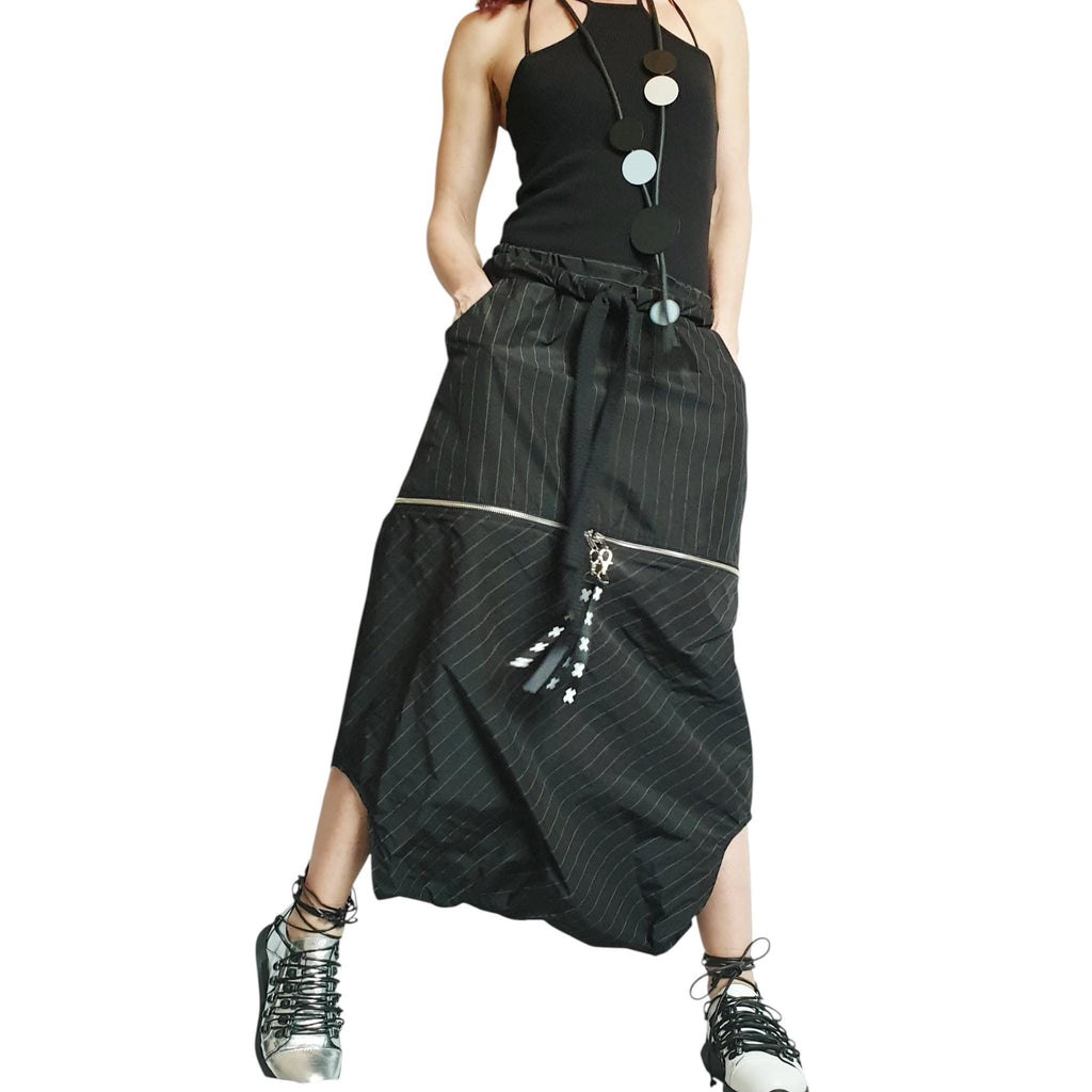 Black Pinstripe Asymmetrical Jacket, Long Pants Skirt, Plus Size Cotton Sateen Co-Ord Set