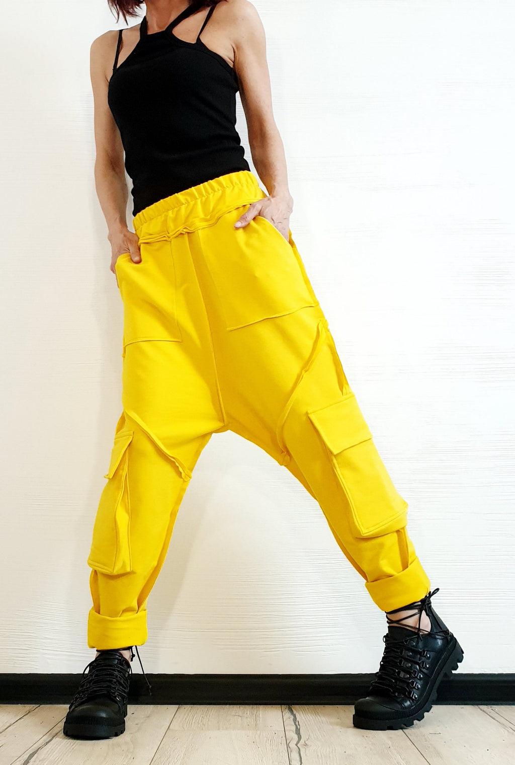 Yellow French Terry Harem Pants, Women's Baggy Trousers, Boho Festival Style