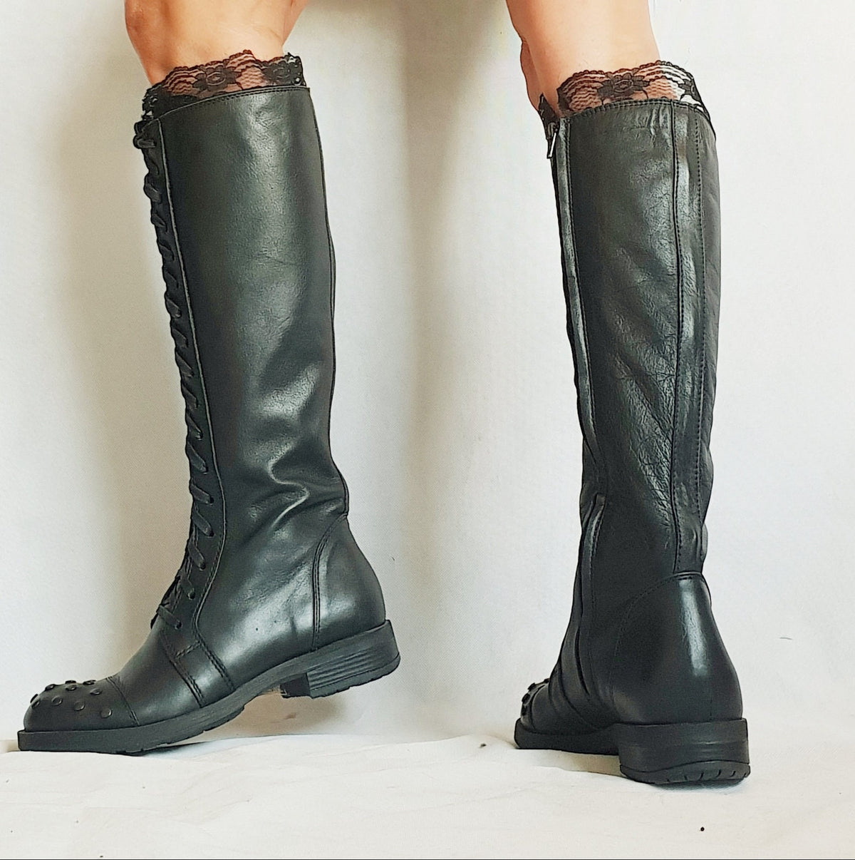 Black Leather Knee High Boots, Grunge Combat Boots, Gothic Winter Footwear