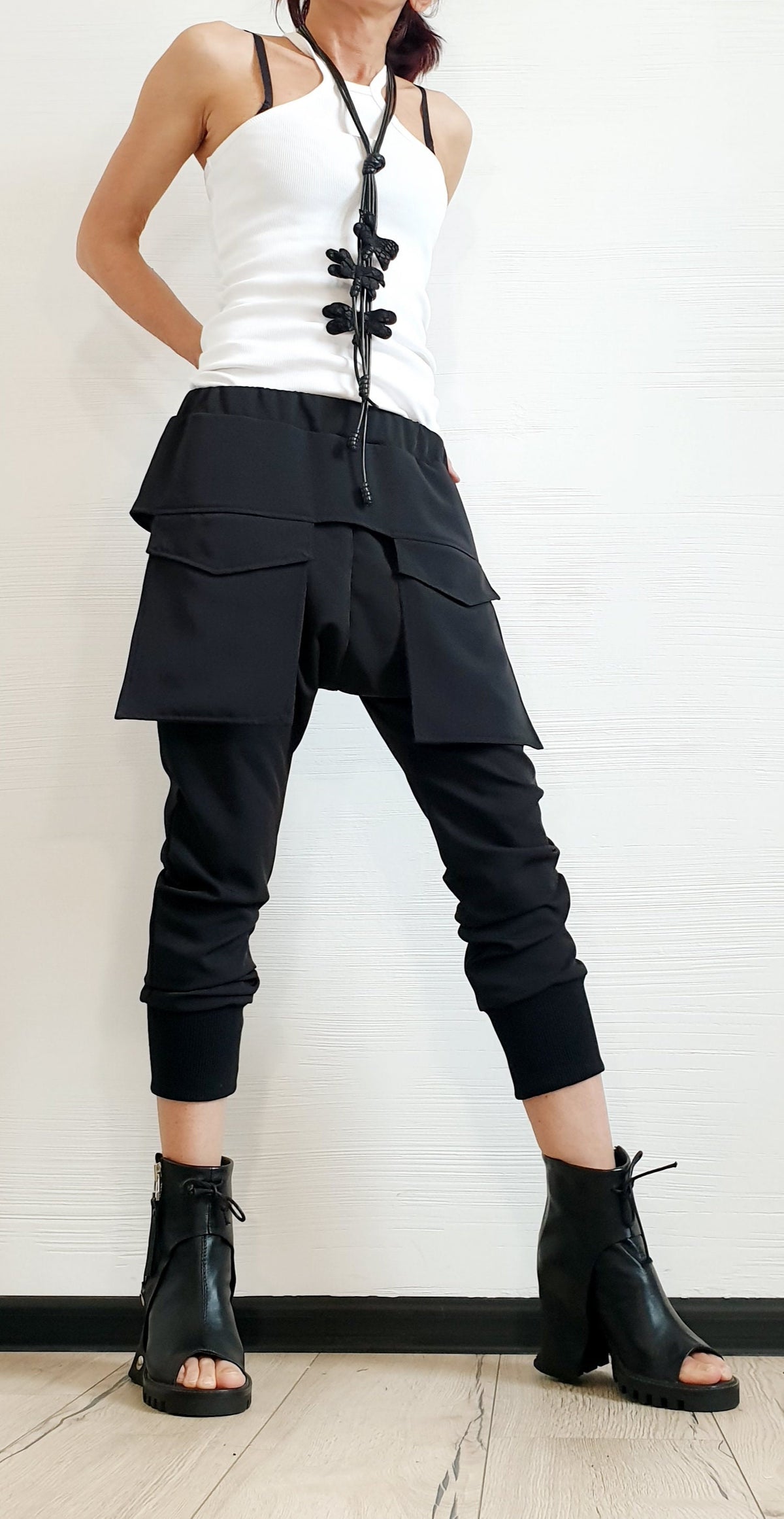 Black Harem Cargo Pants, Attached Skirt Panel, Tapered Leg