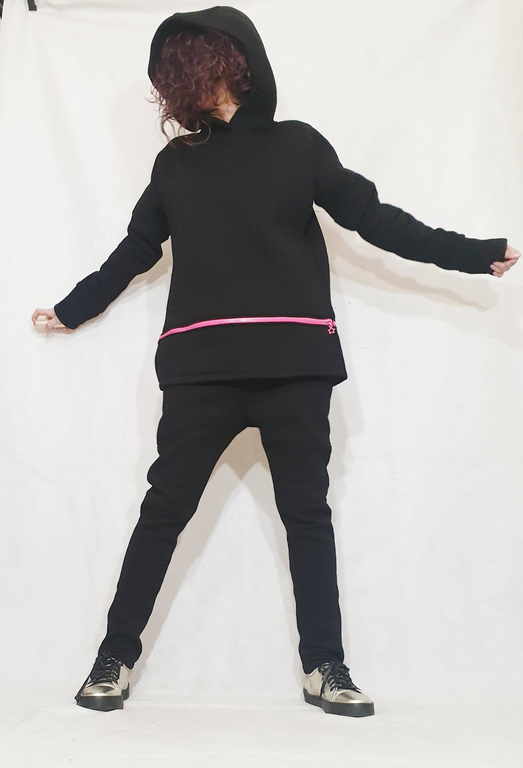Black Cotton Drop Crotch Pants, Asymmetrical Hooded Sweatshirt, Pink Zipper, Two-Piece Co-Ord Set