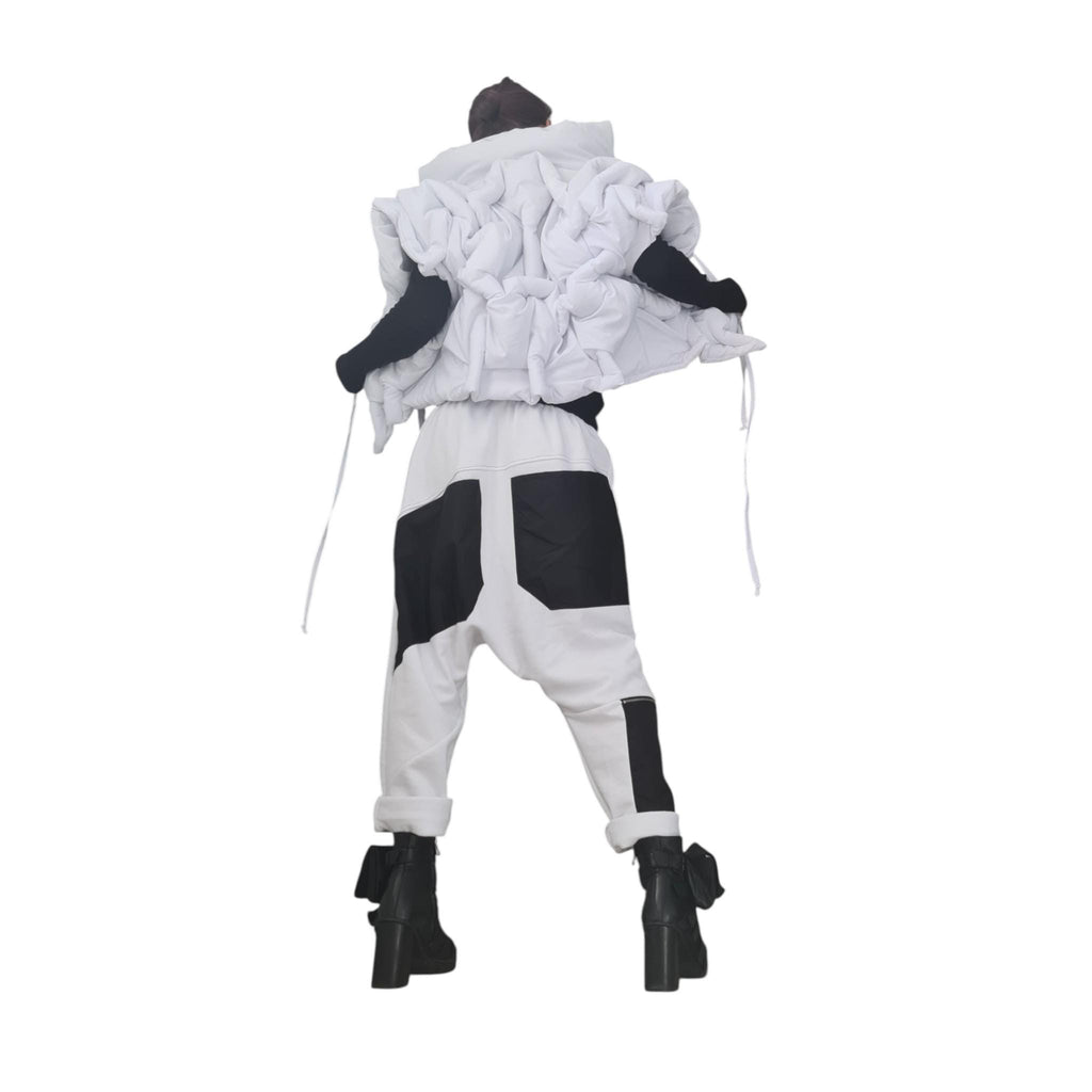 White Ruched Puffer Jacket, Oversized Sleeveless Winter Coat, Quilted Plus Size Vest