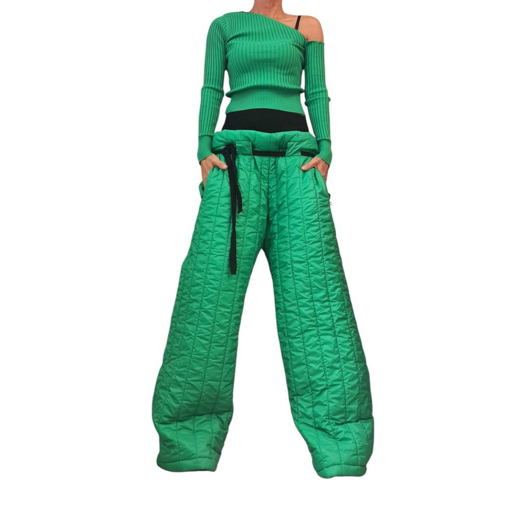 Green Quilted Pants, Wide Leg High Waist Trousers