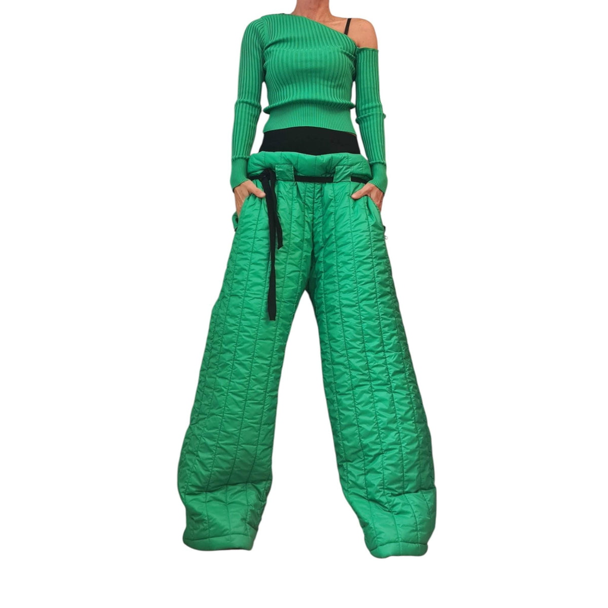 Green Quilted Pants, Wide Leg High Waist Trousers