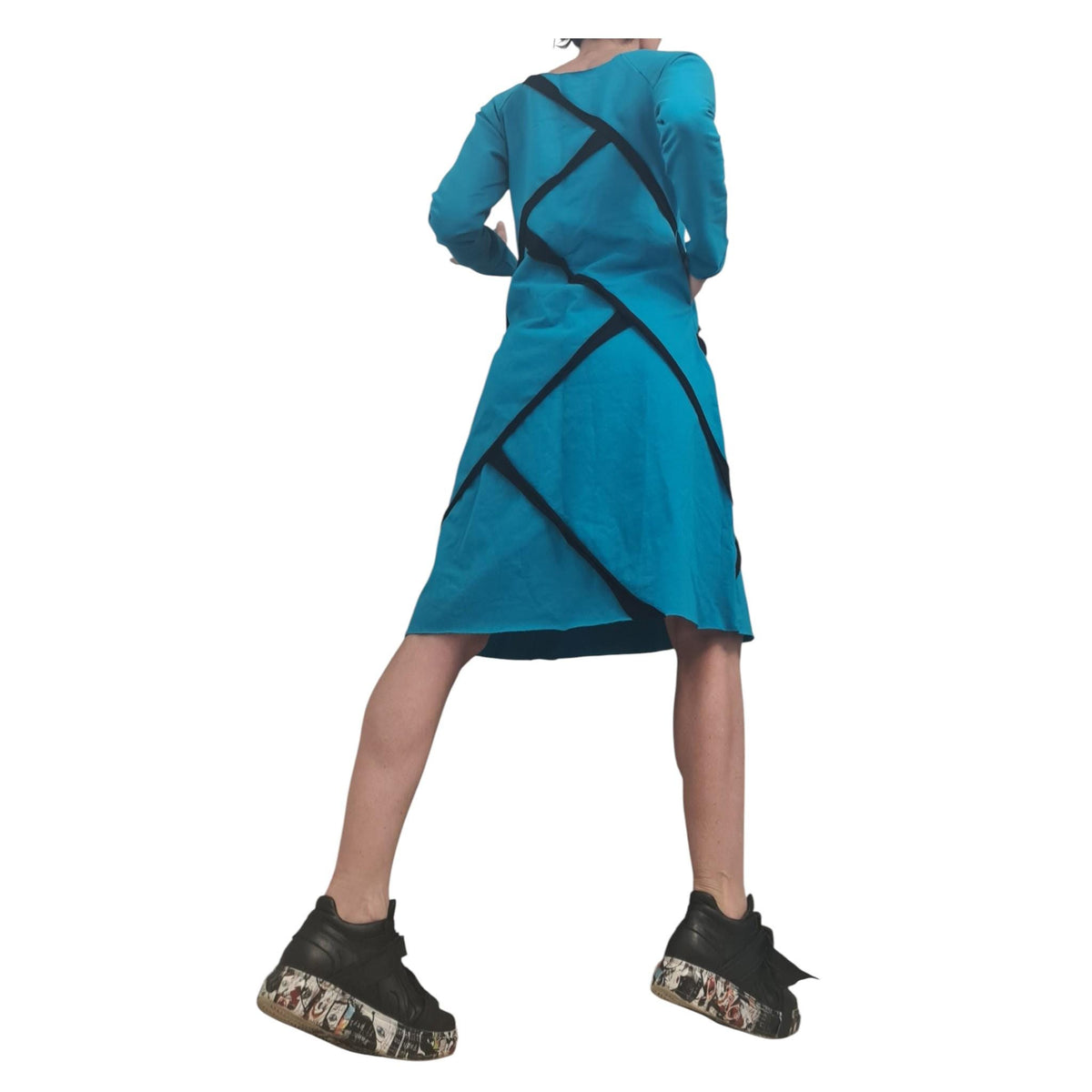 Turquoise Blue Asymmetric One Shoulder Dress, Plus Size Tunic, Long Sleeve Blouson
