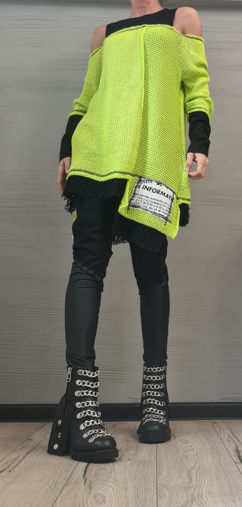 Lime Asymmetric Knitted Tunic, Open Shoulder Blouse, Plus Size Sweater