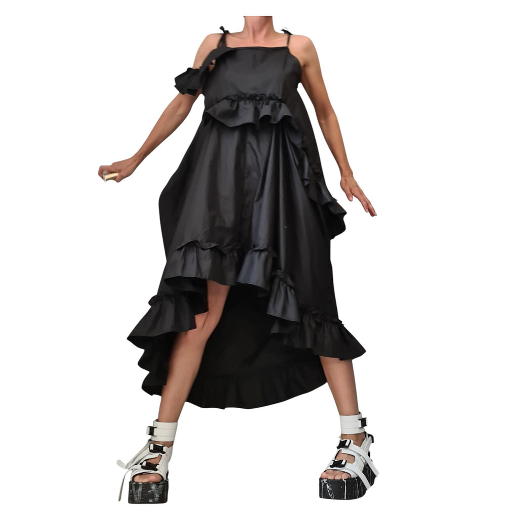 Asymmetric Loose Gothic Black Dress, Plus Size Clothing, Spaghetti Strap Dress