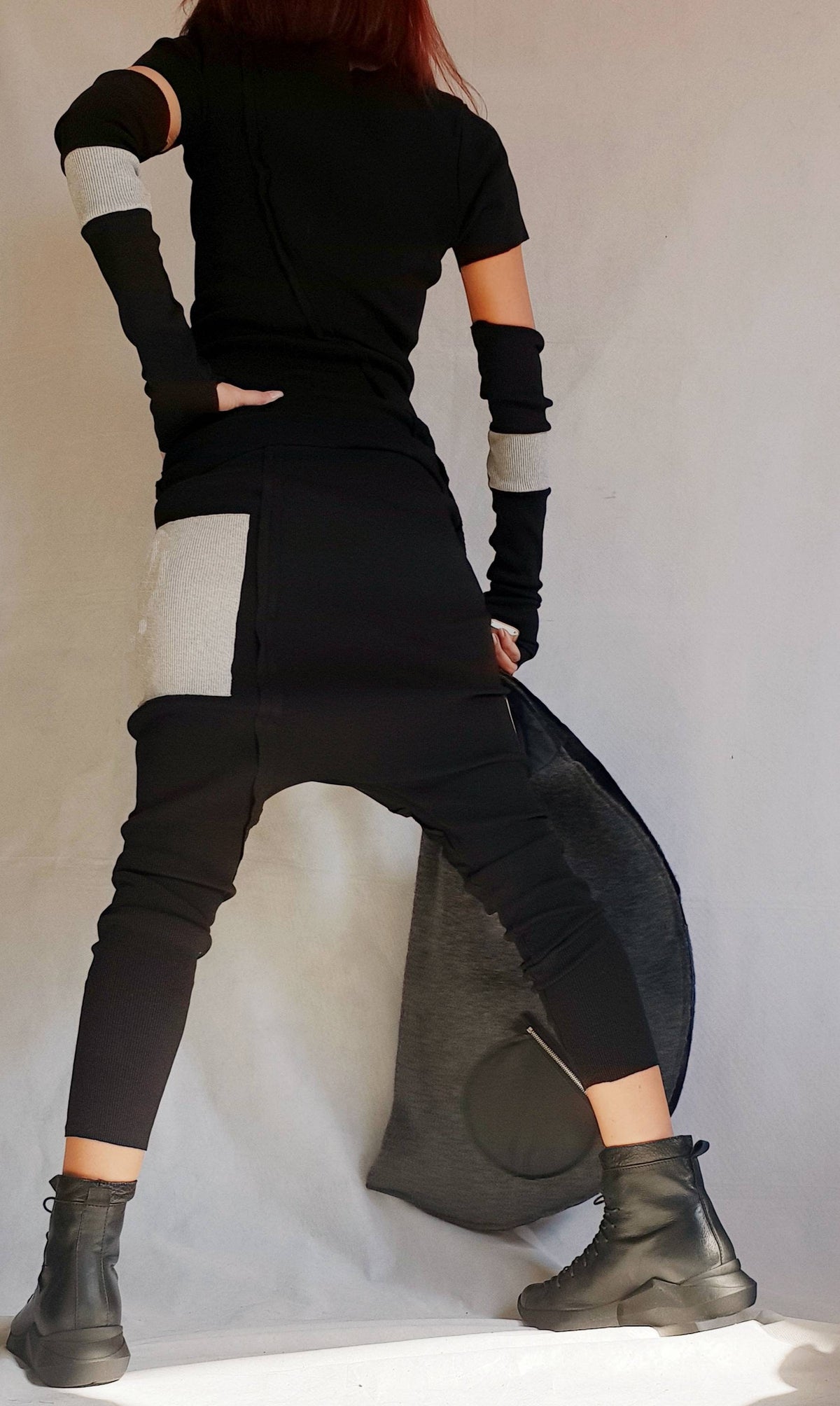 Black White Cotton Harem Pants, Asymmetrical Blouse, Detachable Sleeves with Thumb Holes, Co-Ord Set