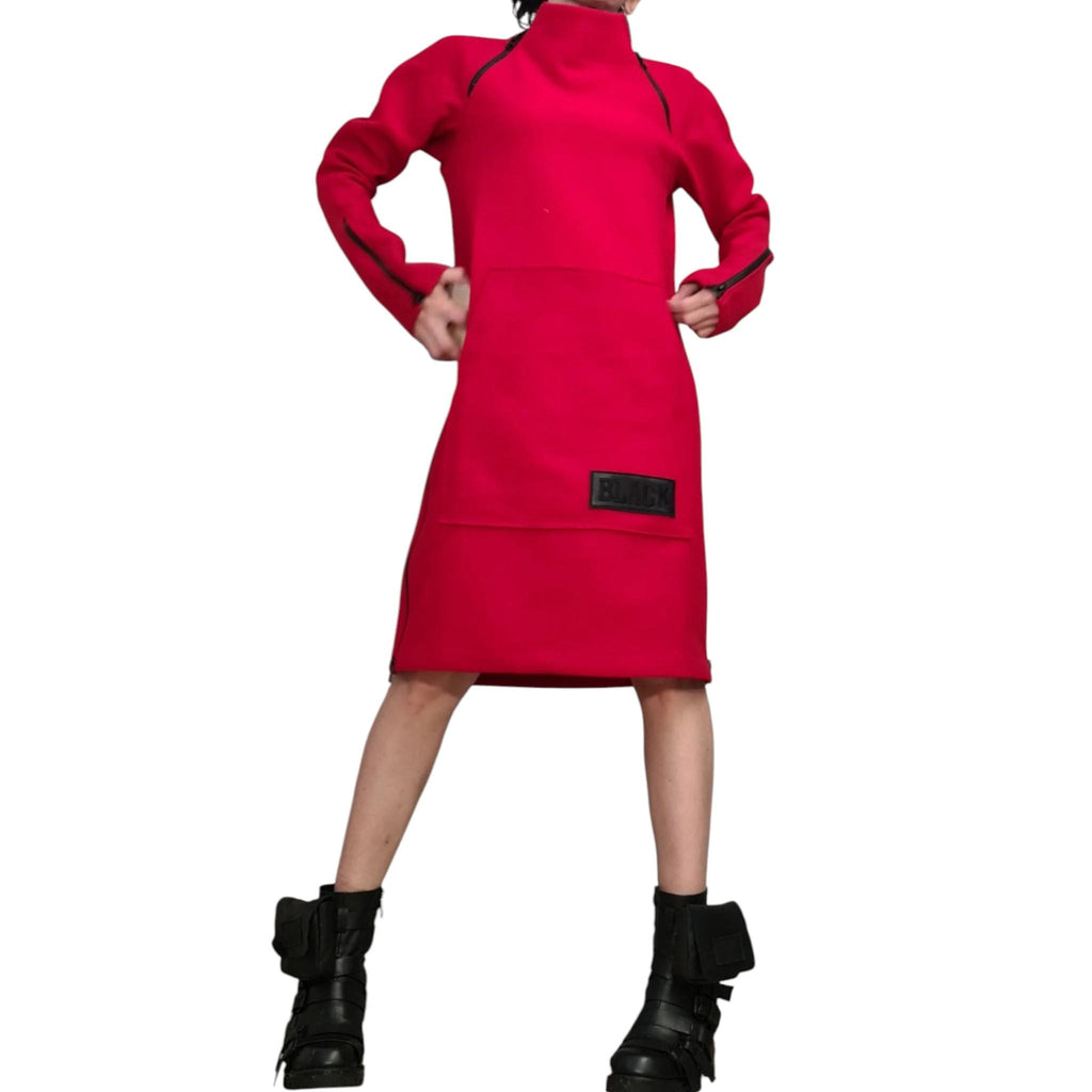 Red Long Sleeve Dress | Black Contrast Zipper Details | women’s clothing | statement