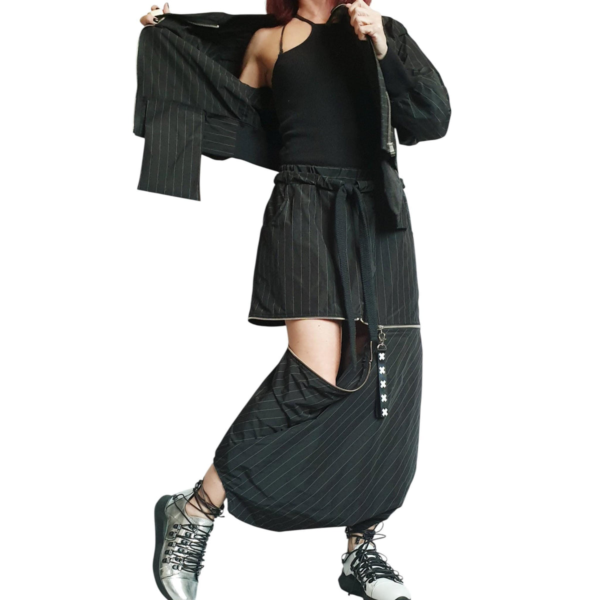 Black Pinstripe Asymmetrical Jacket, Long Pants Skirt, Plus Size Cotton Sateen Co-Ord Set