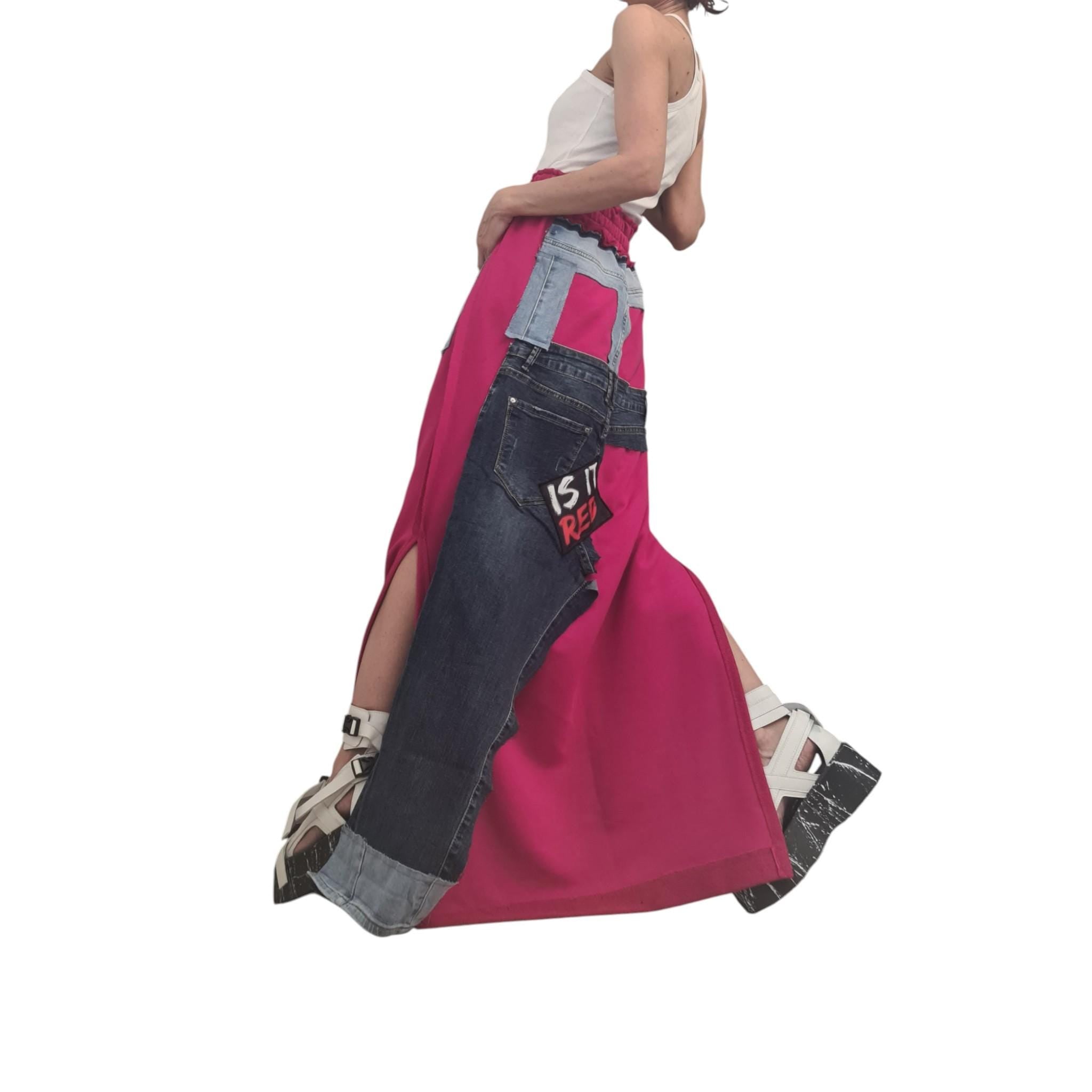 Long Cotton Skirt Switcher Set, Fuchsia Pink Handmade Outfit with Denim Elements, Asymmetrical Long Skirt Long Sleeve Top, Avant-Garde Set