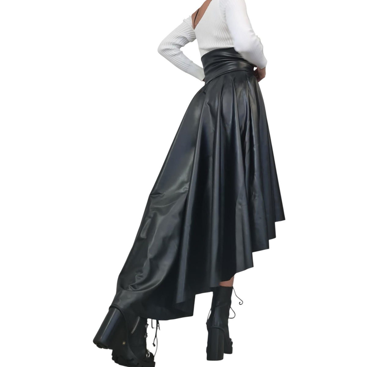 Eco Leather High Waist Asymmetric Skirt, Extravagant Black Gothic Skirt