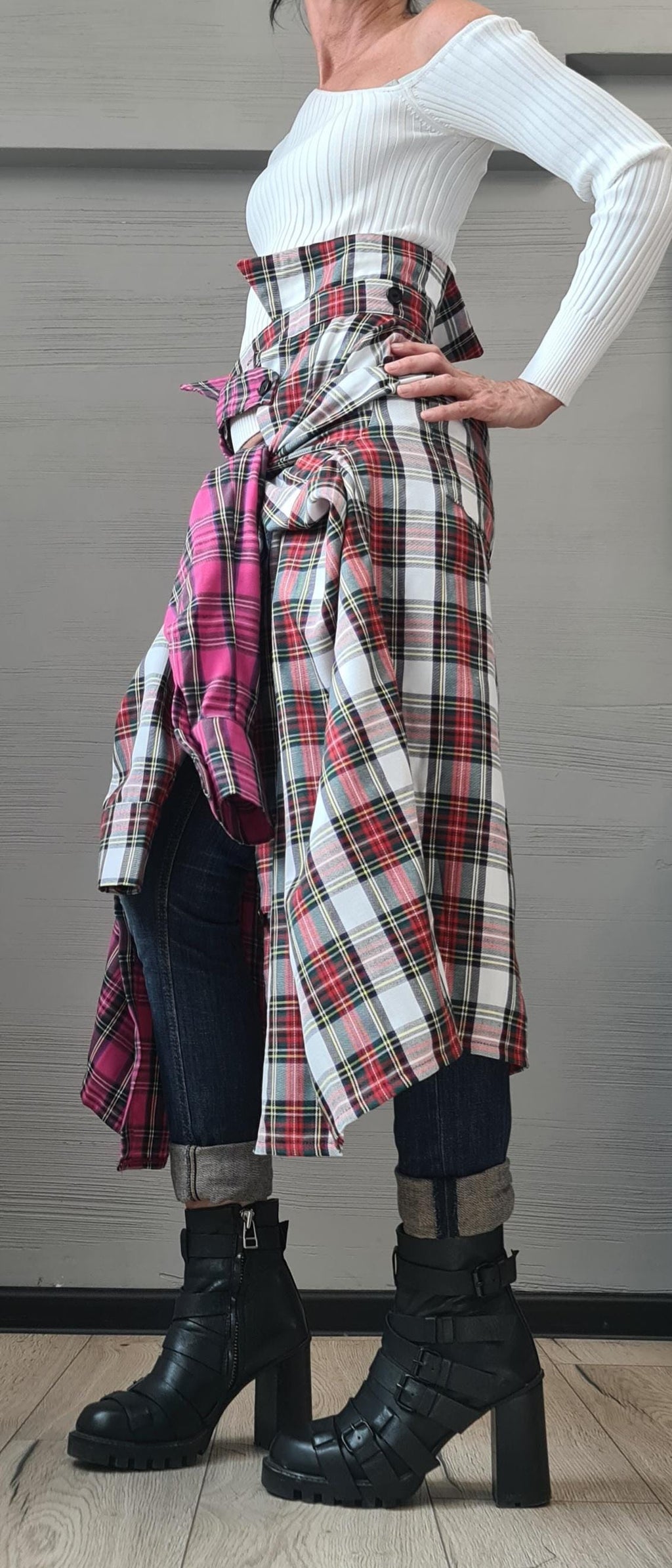 Deconstructed Plaid Cotton Tunic, Asymmetric Avant Garde Shirt, Women’s Clothing