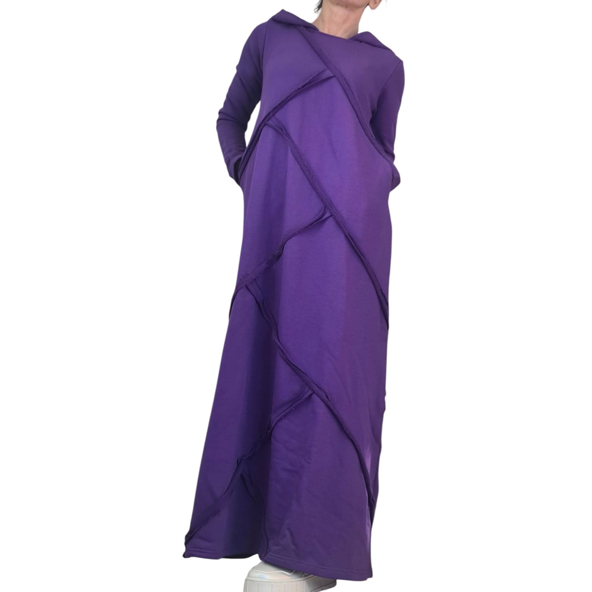 Dark Purple Hooded Maxi Dress Long Sleeve Avant Garde Handmade Womens Clothing