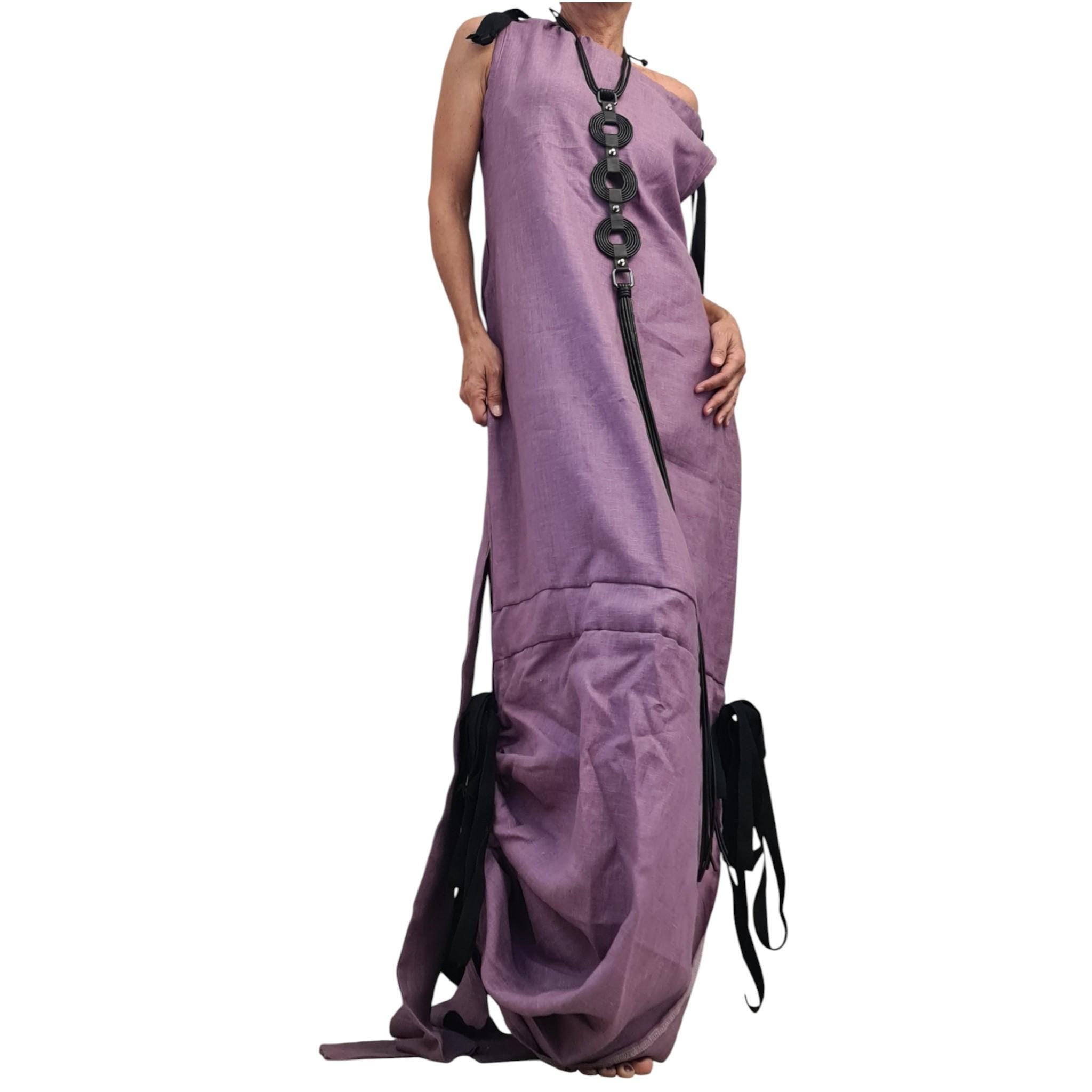 Lavender Linen Maxi Dress, Open Back, Asymmetric One Shoulder Design, Sleeveless Long Dress