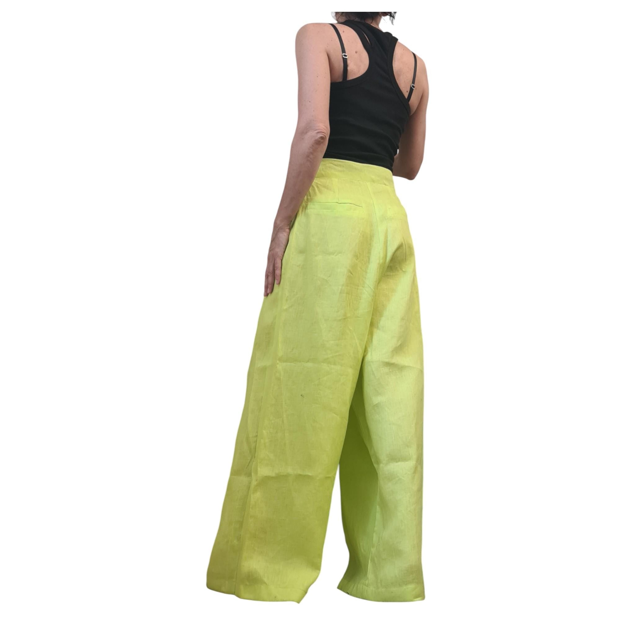 Lime Linen Drop Crotch Pants Womens Avant Garde Harem Trousers Designer Clothing