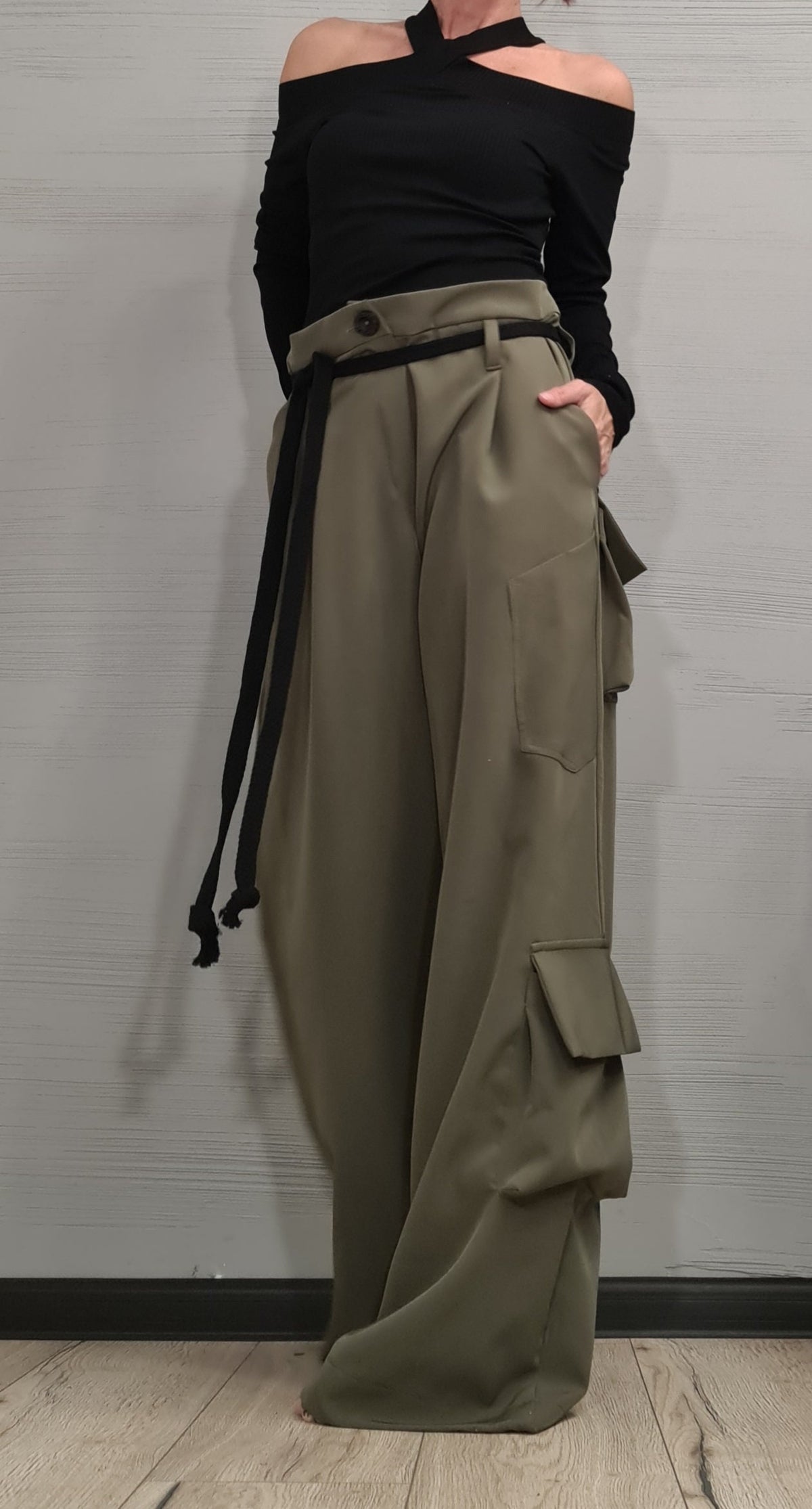 Military Green Cargo Pants, Wide Leg Trousers, High Waist