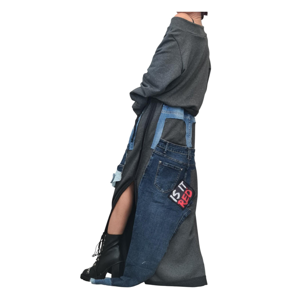 Cotton Denim Asymmetric Skirt Set, Deconstructed Women Costume, Extravagant Design