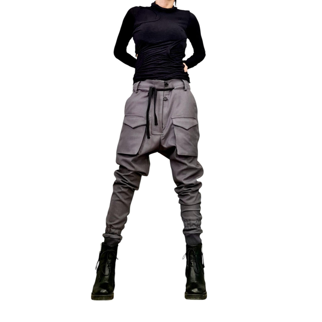 Gray Cargo Pants, Drop Crotch Trousers, Tapered Leg