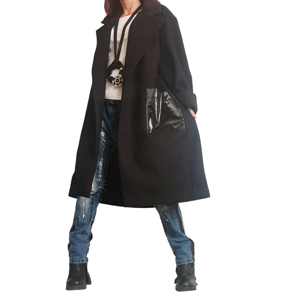 Black Oversized Wool Blend Robe Coat, Long Jacket, Patent Leather Back Cargo Pockets