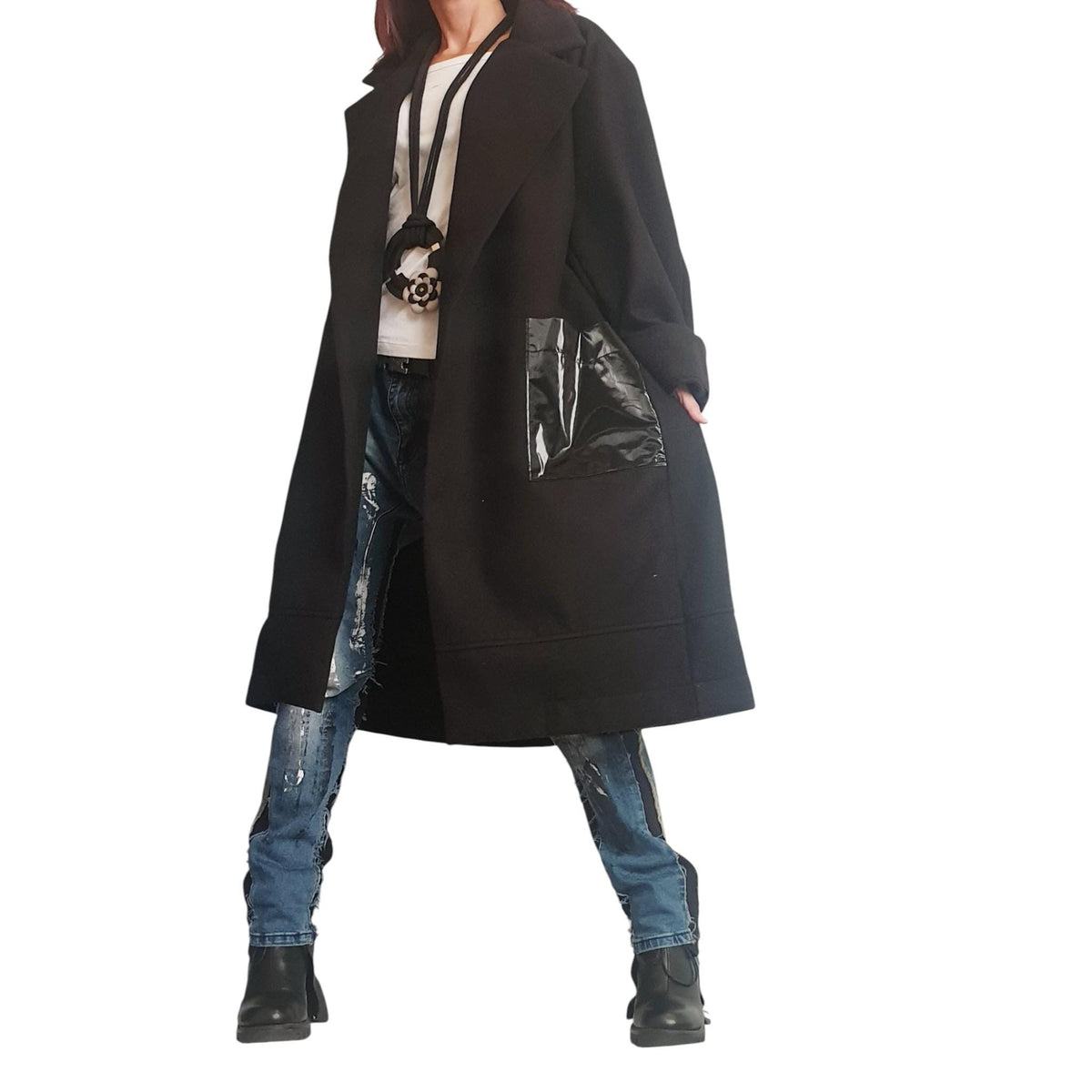 Black Oversized Wool Blend Robe Coat, Long Jacket, Patent Leather Back Cargo Pockets