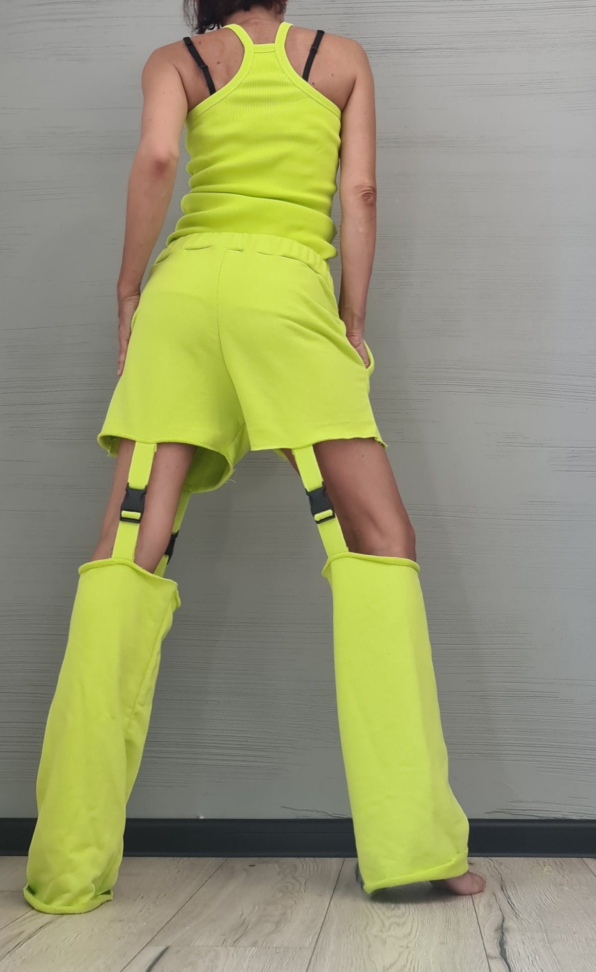 Lime Cotton Shorts, Detachable Pant Legs, Sleeveless Top, Convertible Two Piece Co-Ord Set