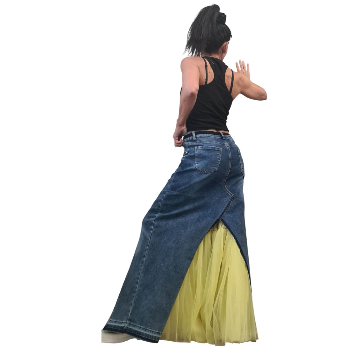 Denim Tulle Maxi Skirt, Asymmetric Plus Sizw Skirt, Deconstructed Womens Clothing