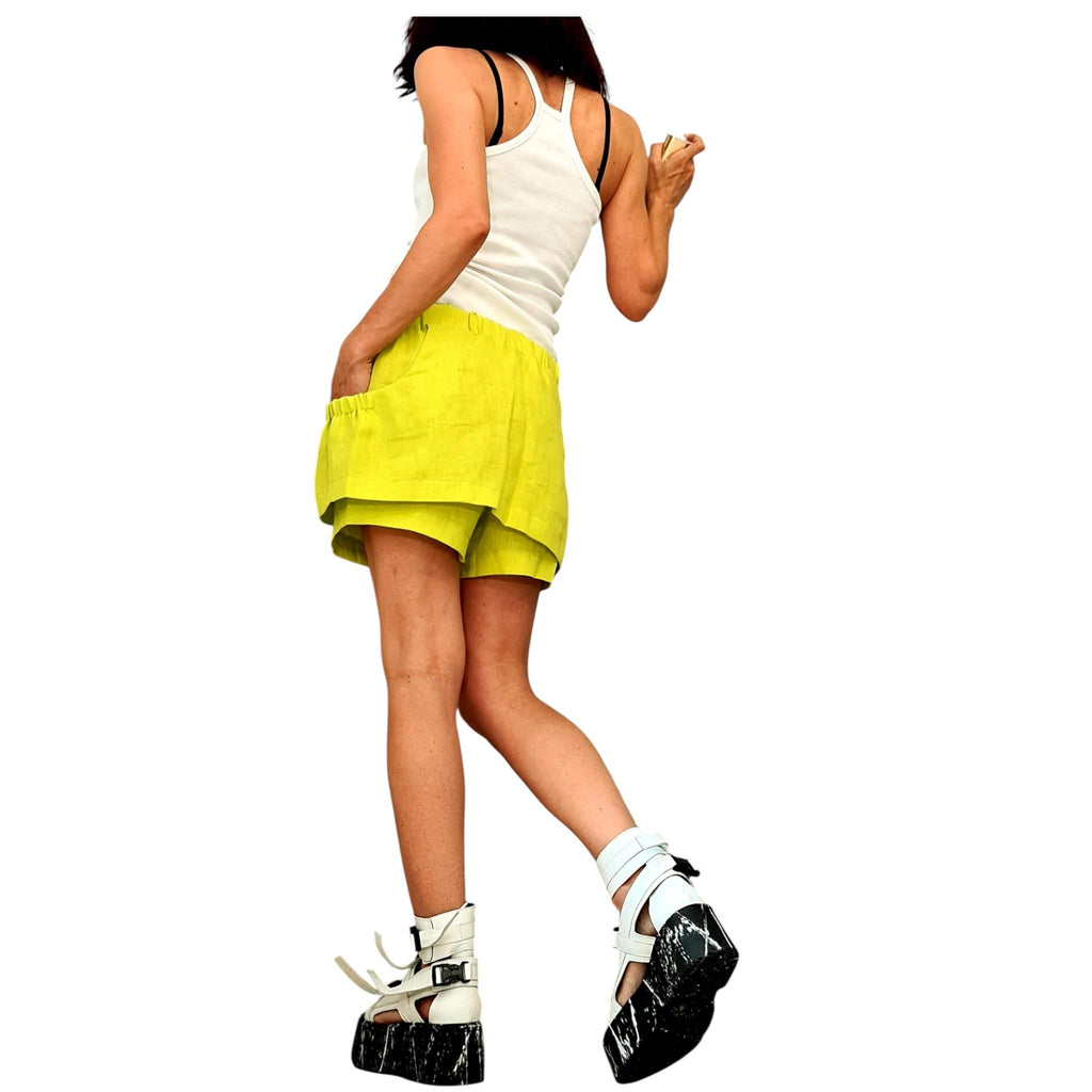 Yellow Linen Shorts with Skirt Overlay, Summer Linen Bottoms for Women, Handmade Clothing