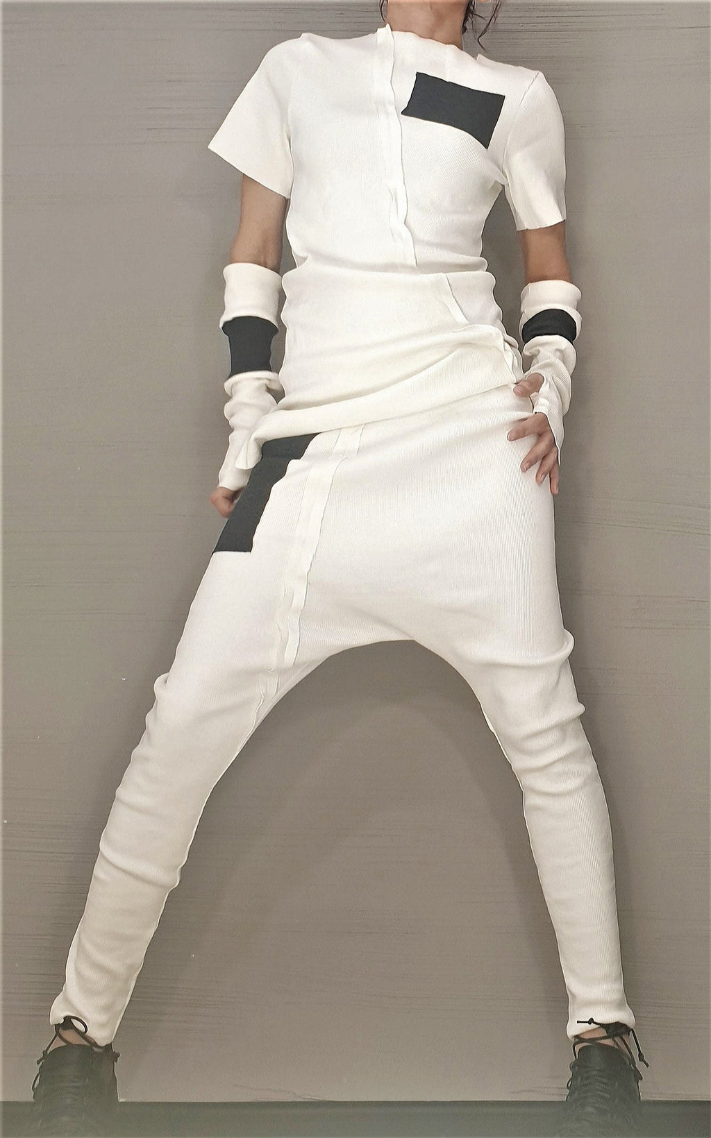 White Cotton Tapered Harem Pants, Asymmetrical Blouse, Detachable Sleeves with Thumb Holes, Co-Ord Set