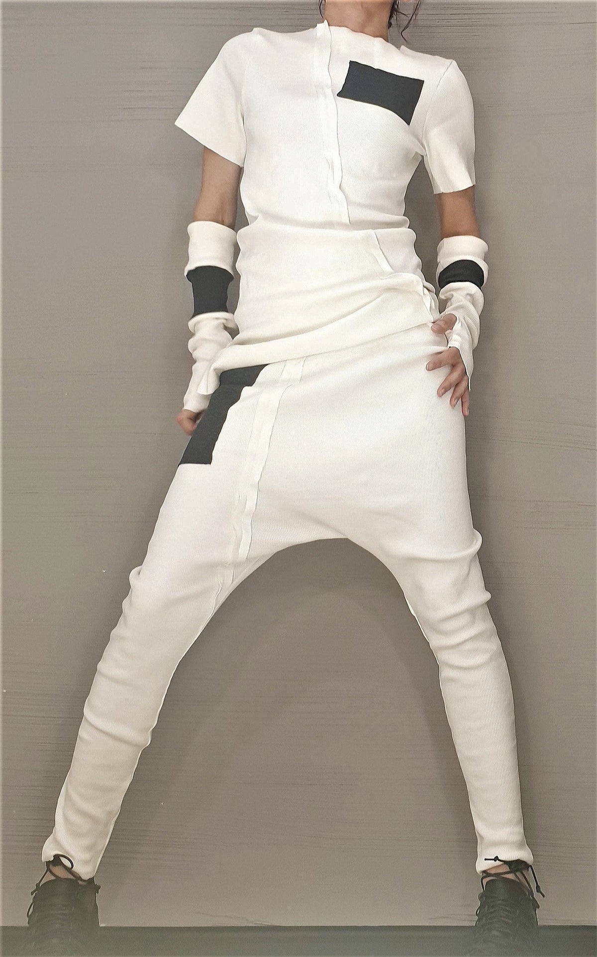 White Cotton Tapered Harem Pants, Asymmetrical Blouse, Detachable Sleeves with Thumb Holes, Co-Ord Set