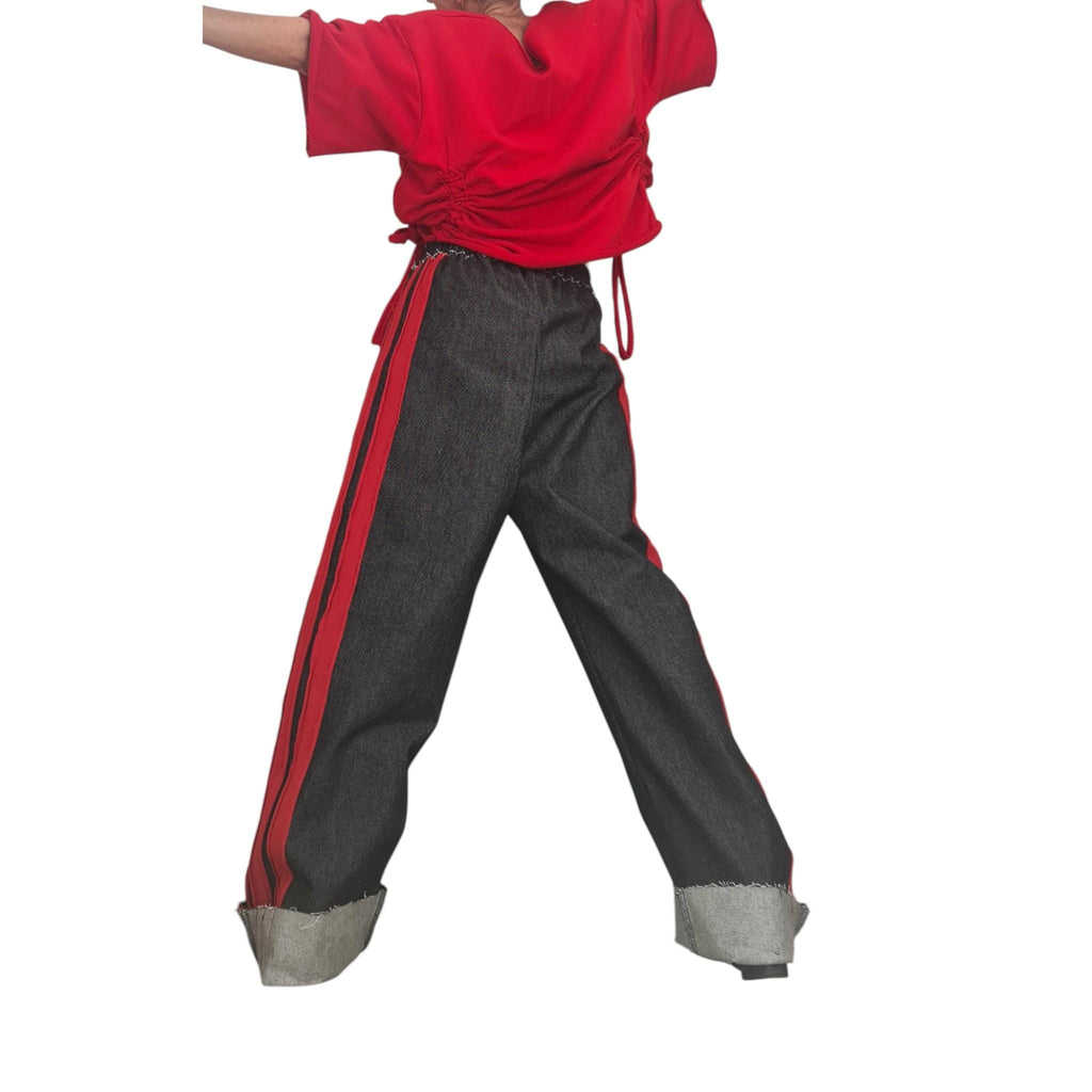 Red Ruched Cotton Blouse, Dark Denim Wide Leg Pants, Side Stripes, Cuffed Co-Ord Set