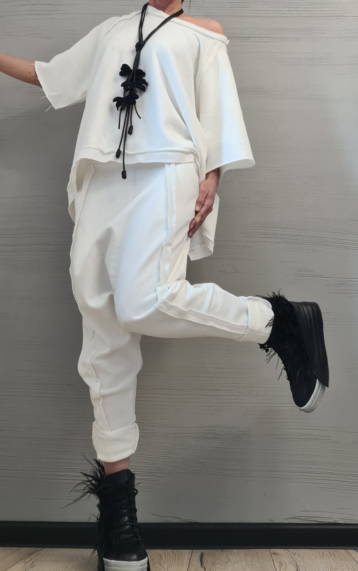 White Cotton Drop Crotch Harem Pants, Asymmetrical Open Back Blouse, Two Piece Co-Ord Set
