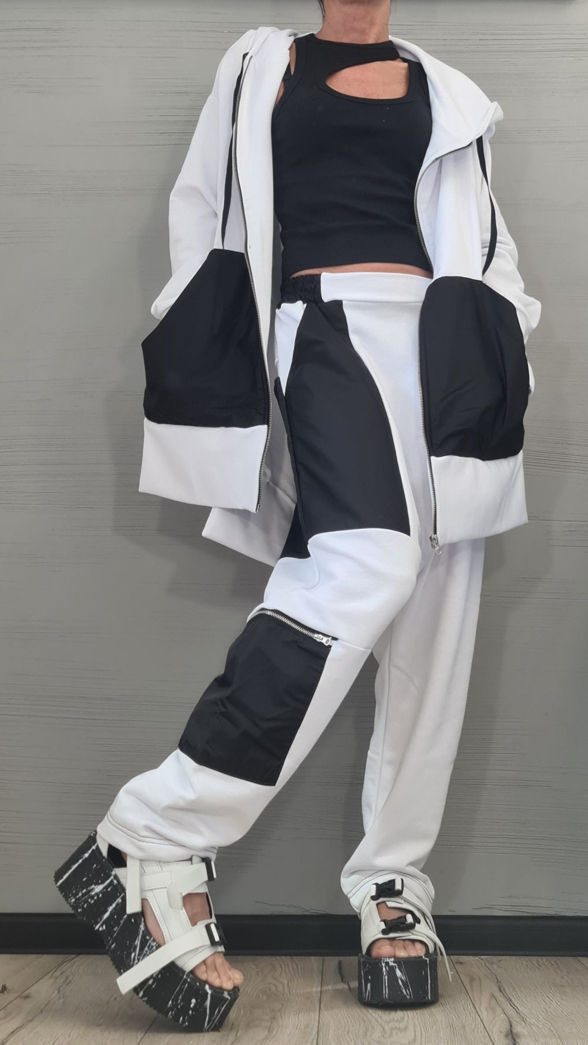 White Black Patchwork Harem Pants, Oversized Long Hooded Jacket, Contrast Panels, Two-Piece Co-Ord Set