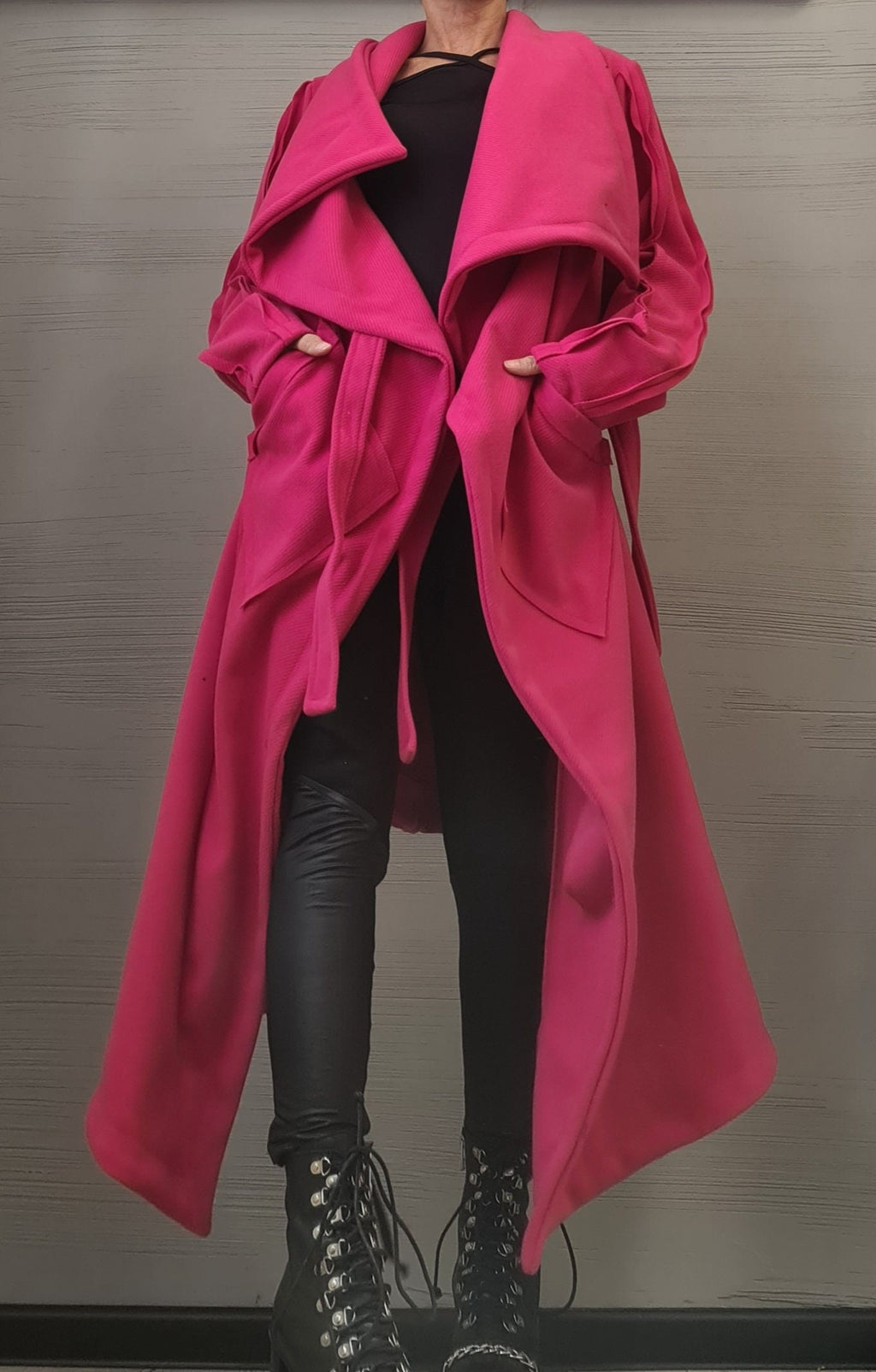 Hot Pink Asymmetric Wrap Coat, Plus Size Long Jacket, Short Back and Tie Belts