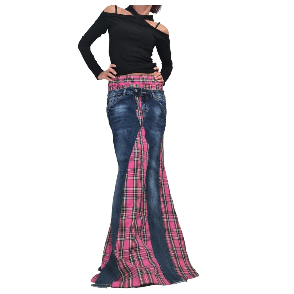 Deconstructed Denim Pink Plaid Maxi Skirt, Avant Garde Cotton Skirt