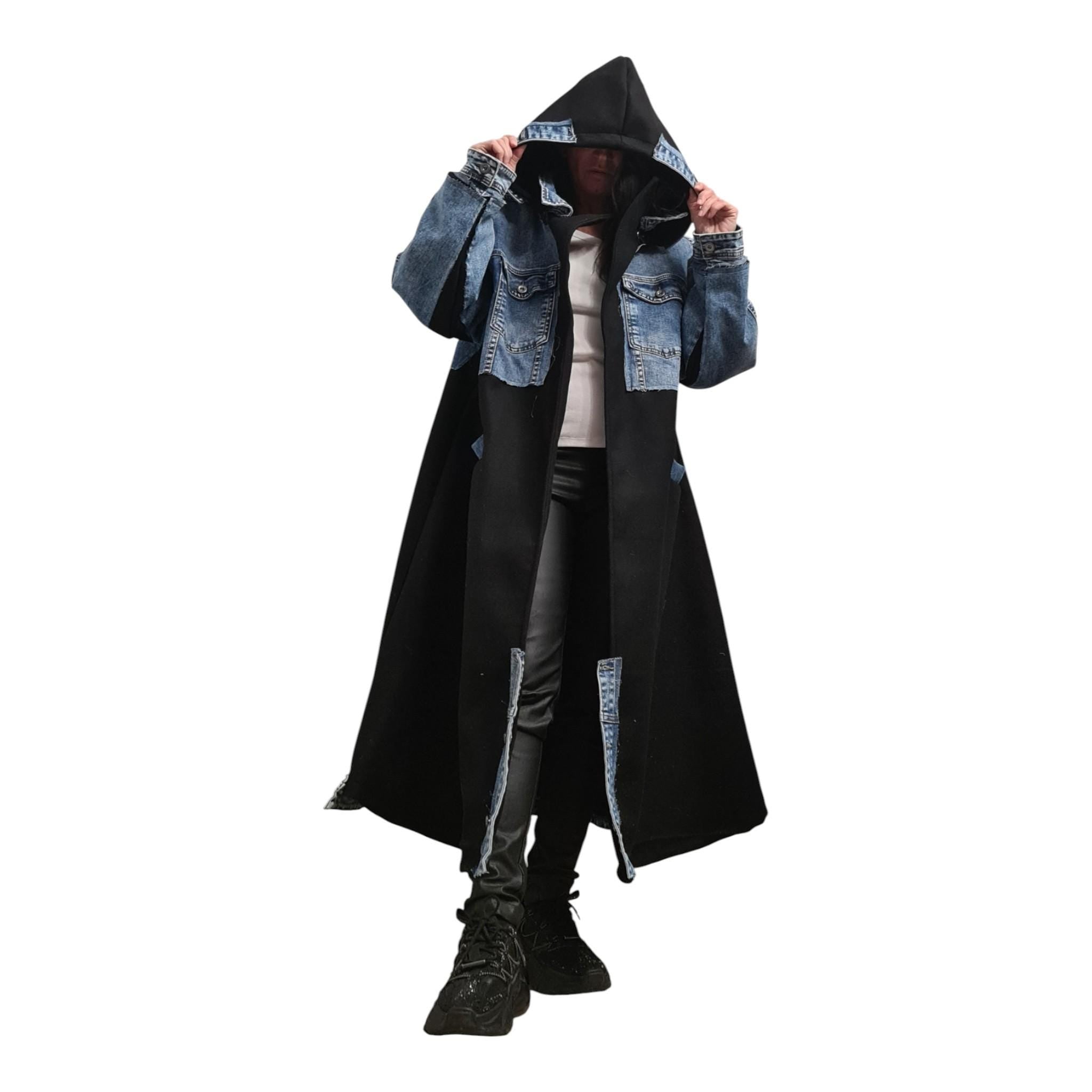 Avant Garde Denim & Wool Coat, Handmade Oversized Hooded Trench, Oversized Streetwear Jacket, DDP USA
