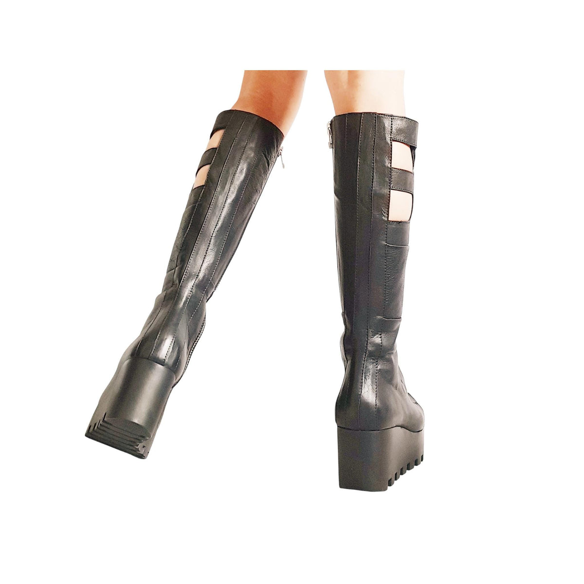 Black Greek Gladiator Boots, Knee High Platform Booties, Closed Toe Gothic Shoes